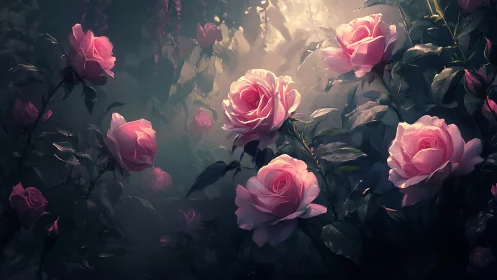 Pink Roses Glowing in Dreamy Morning Light