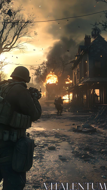 Soldiers advance through burning war-torn street under fire.