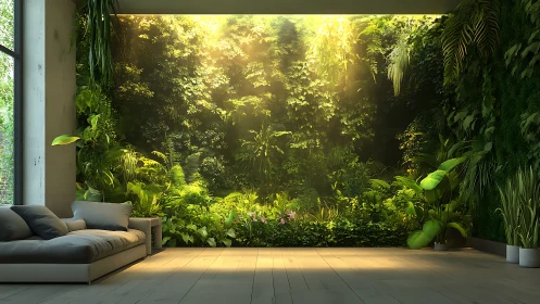 Modern living room opening onto lush indoor jungle wall