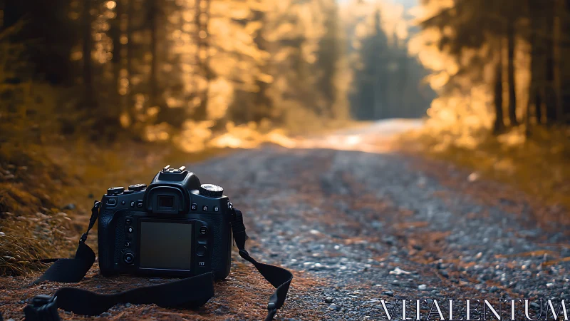 DSLR camera on gravel forest road under shallow depth of field lighting