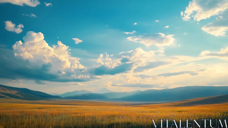 Sunlit alpine meadow stretches toward distant blue mountains