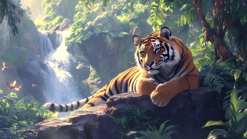 Majestic tiger rests by a misty jungle waterfall at dusk.