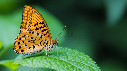 Bright orange butterfly rests gently on a fresh green leaf