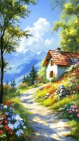 Alpine hillside cottage with flowered path and snowy peaks
