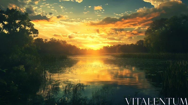 Sunset light over calm forest lake with reflective surface.