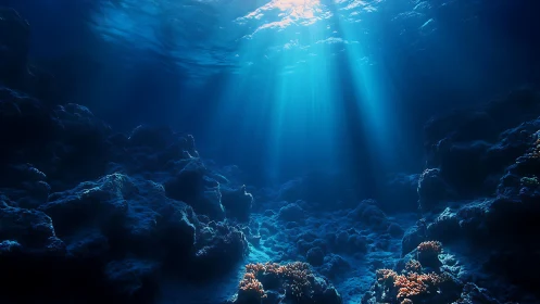 Sunlit ocean floor with rocky reef and soft blue gradients.