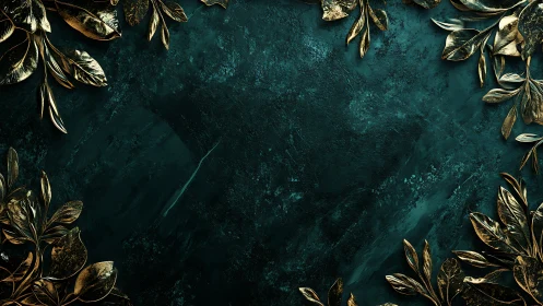 Metallic gold foliage frame on textured teal stone background