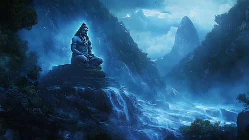 Tranquil blue deity watching over a misty mountain river.