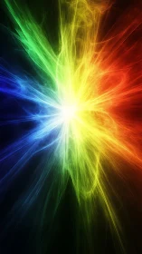Radiant rainbow energy bursts outward in glowing color strands