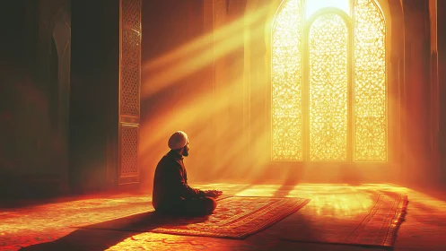 Man seated in prayer inside sunlit mosque interior.
