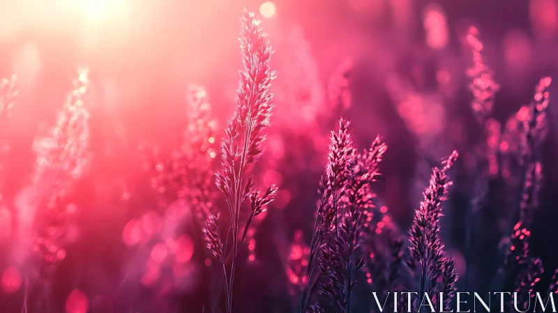 Neon dusk meadow where wild grasses whisper in magenta light.