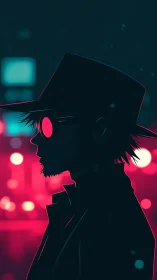 Silhouetted figure in hat and glasses against neon city lights.