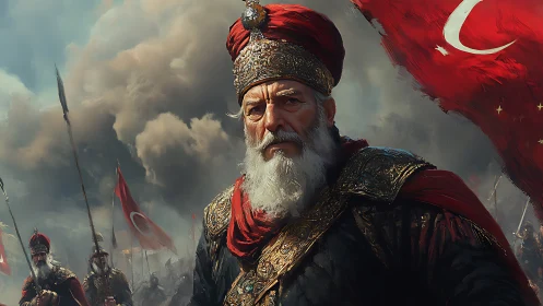 Regal Ottoman commander in storm-lit battlefield tableau.