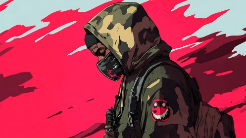 Hooded urban operative in camo against abstract neon backdrop