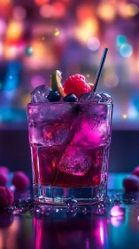 Vibrant Cocktail with Berry Garnish Against Bokeh Lights.