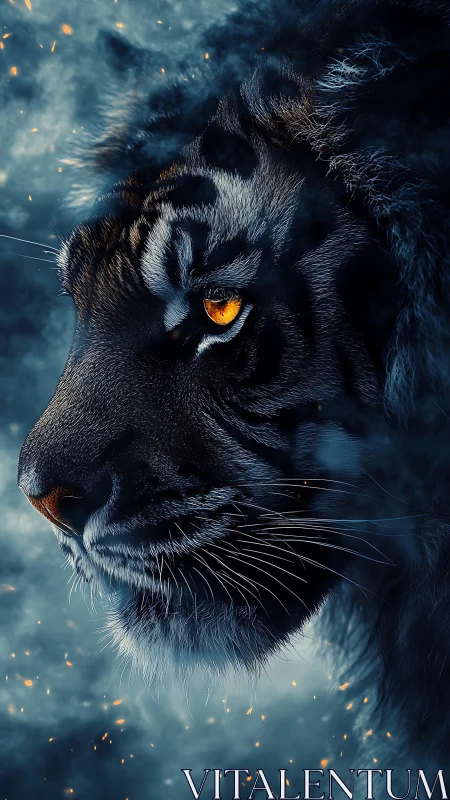 Digital tiger portrait isolates ember-lit gaze in cold haze