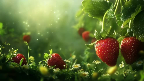 Macro-depth rendering of ripe strawberries with luminous particulate bokeh