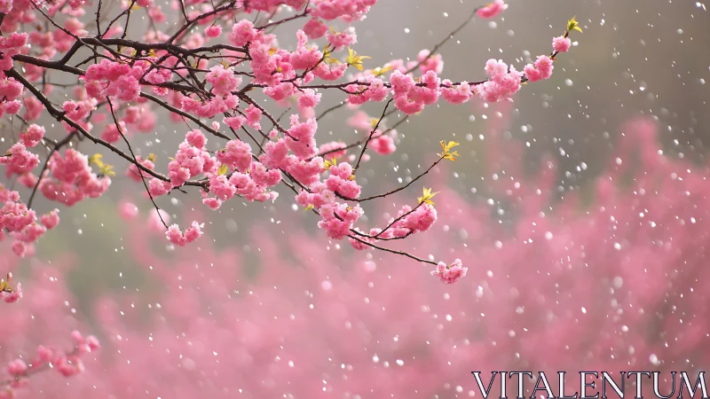 Pink Blossoms Dance in Gentle Snowfall.