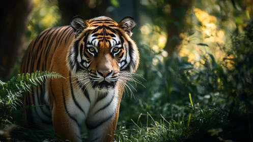 Tiger emerges from shaded forest under selective rim lighting