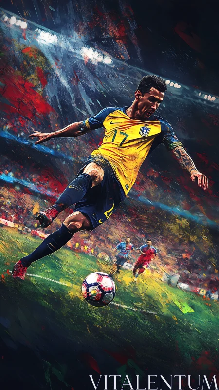 Soccer player strikes ball on pitch with vivid painted motion