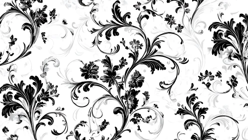 Monochrome botanical scrollwork pattern in digital painting.