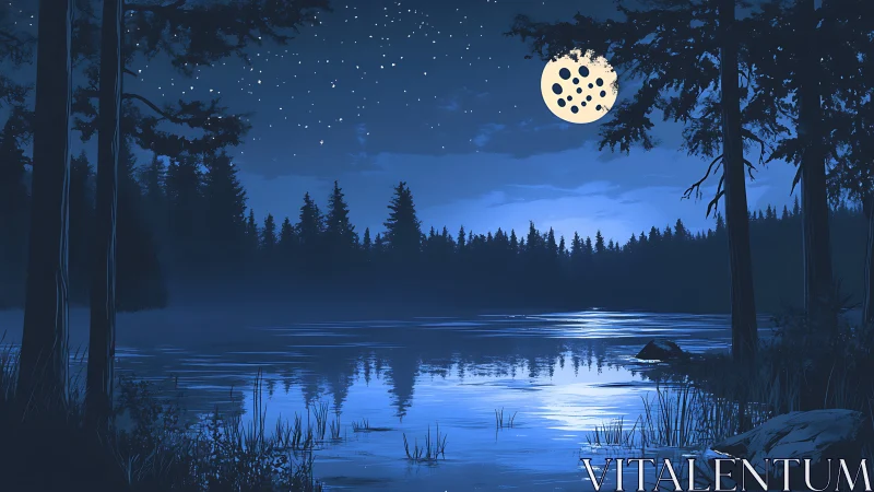 Moonlit forest lake under deep blue starry night sky