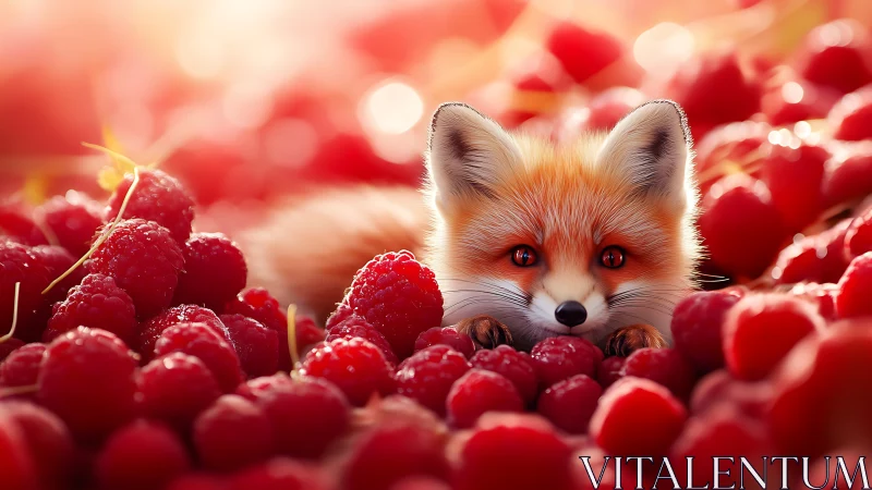 Curious fox cub nestled in sunlit bed of ripe raspberries.