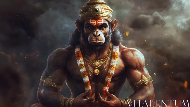 Divine monkey warrior sits in blazing smoke-filled aura