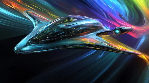 Futuristic chrome starship streaking through neon warp tunnel.