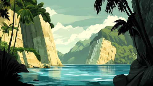 Basalt Canyon Waterscape with Tropical Vegetation and Reflective Water.