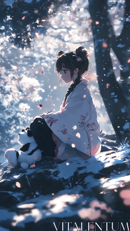 Girl in kimono sitting in snowy forest with plush panda.