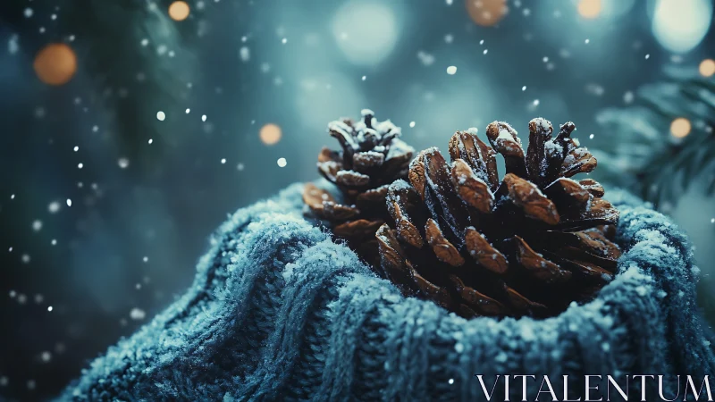 Pine cones rest on knitted fabric under falling snowflakes