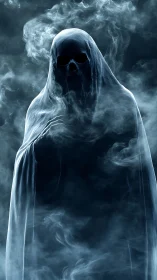 Shrouded skeletal wraith emerges through swirling blue mist.