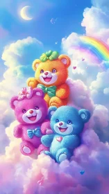 Rainbow cloud teddy trio under crescent moon sky.
