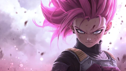 Battle-hardened pink-haired warrior stares down stormfront