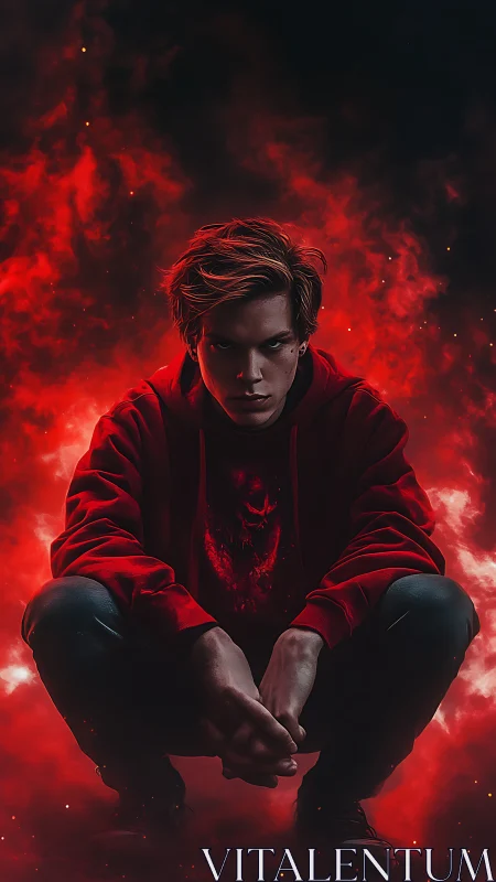 Hooded male figure crouching before red smoke field.