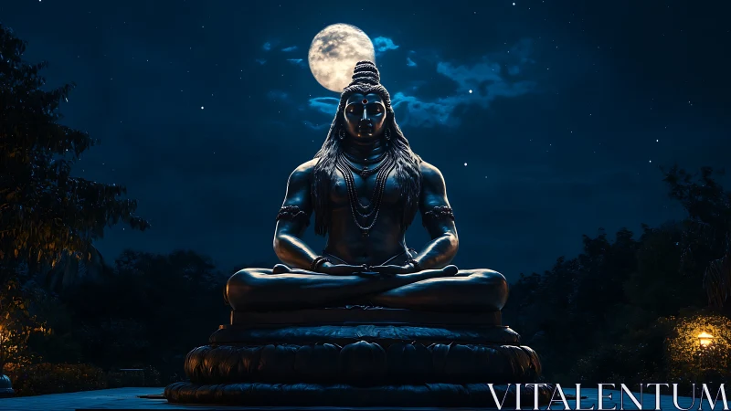Lunar backlit Shiva statue in meditative axial symmetry.