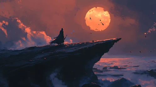 Lone cloaked figure surveys burning sun over storm sea