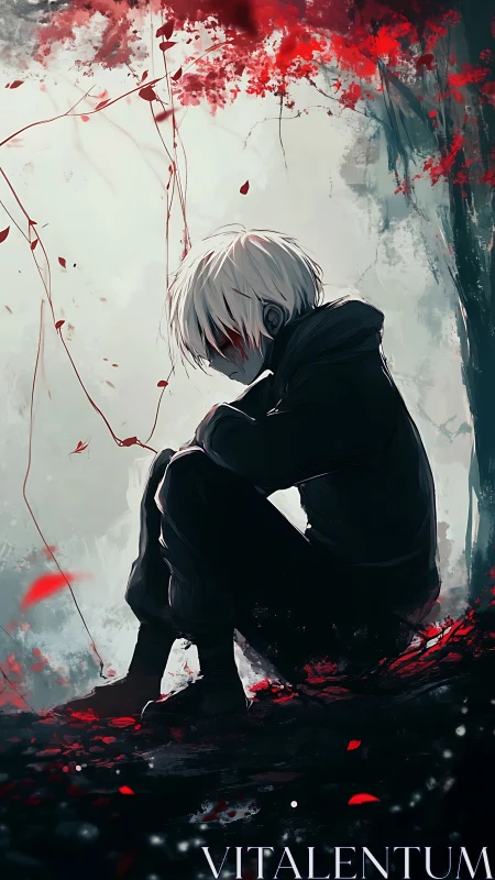 Solitary white haired figure crouched amid abstract red foliage