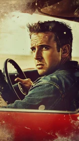 Moody driver in vintage red car under gritty filter.