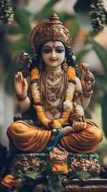 Golden deity statue radiates serene blessing in soft bloom.