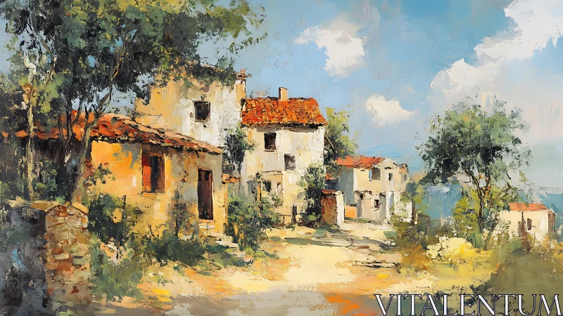 Impressionist hillside village street scene with sunlit cottages.