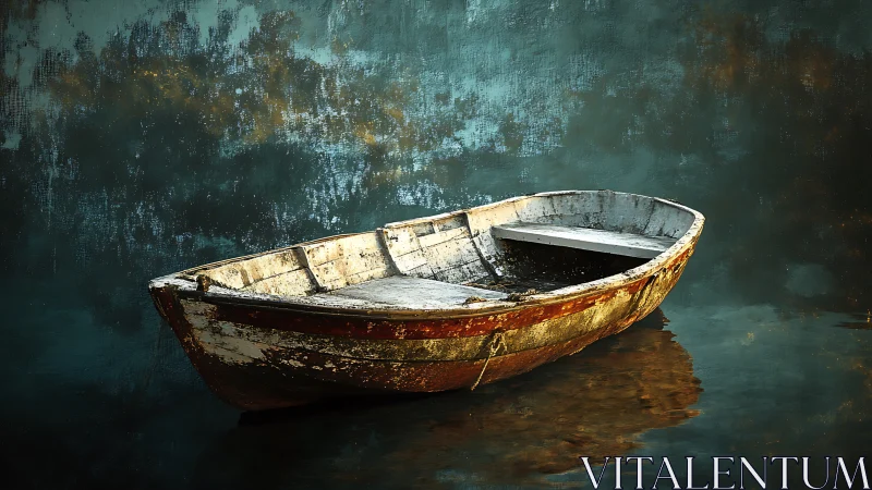 Weathered wooden rowboat on calm reflective water surface.