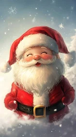 Snow-dusted baby Santa beaming beneath twirling starlit flakes.