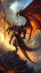 Infernal armored dragon over volcanic ridge at sunset.