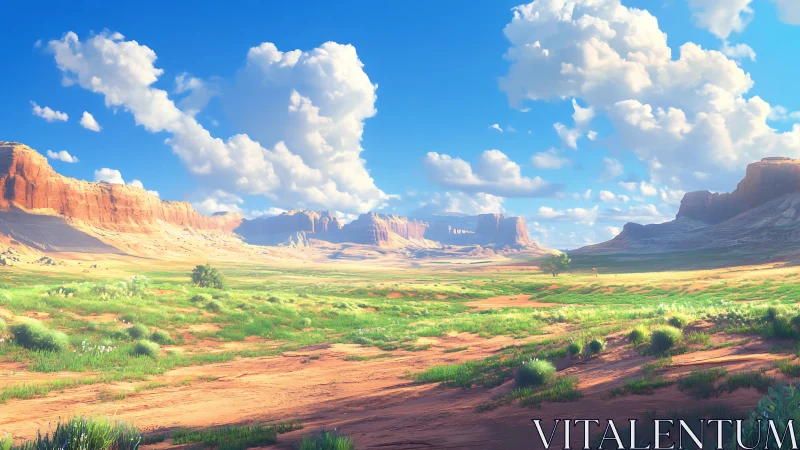 Sunlit desert valley breathing under bright summer clouds.