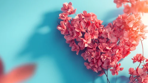 Pink geranium clusters against turquoise backdrop with dreamy shadow play.