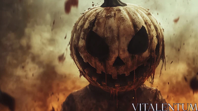 Grim jack o&rsquo;lantern figure in fiery autumn haze.