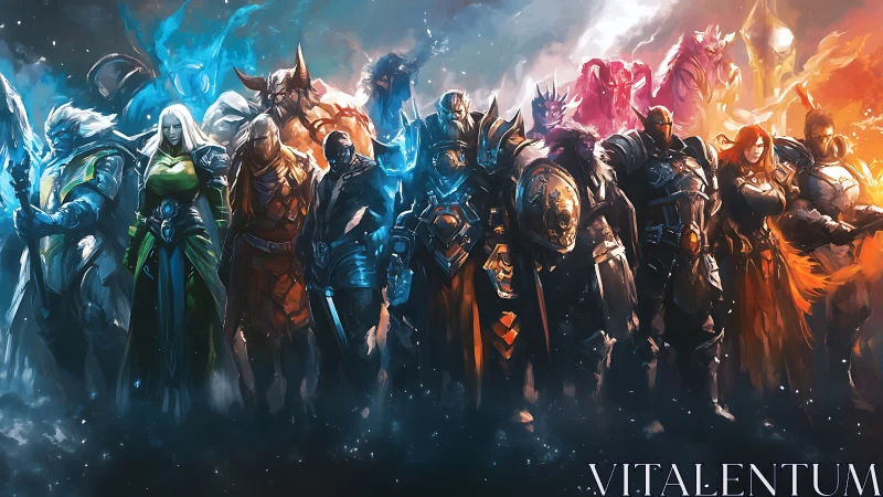 Fantasy warrior lineup in contrasting blue and orange light.