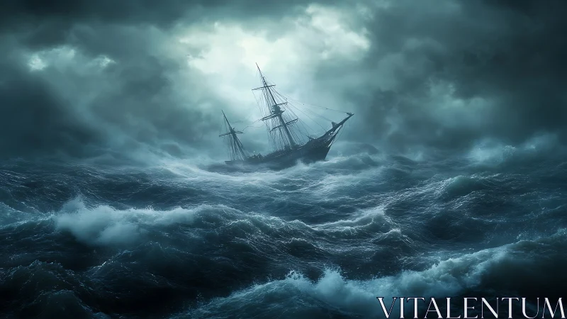 Storm-lashed tall ship battles turbulent mid-ocean swells tonight